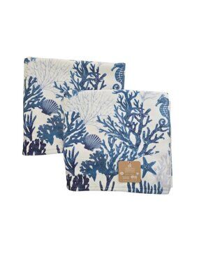 Deborah Connolly 2 Bath Towel Set Sea Life Coral Seahorse Starfish Shell Blue
